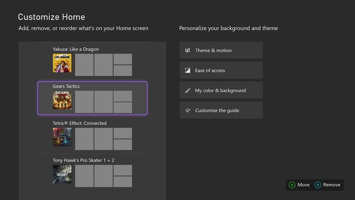 Pantalla de configuración Xbox Series X para configurar la pantalla de inicio