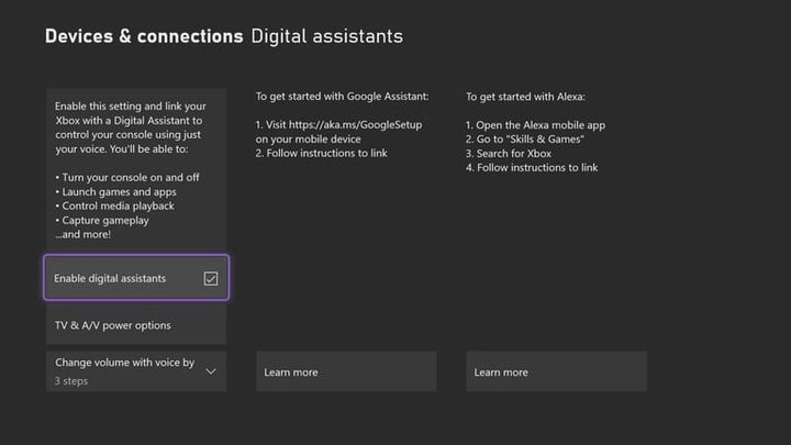 Pantalla de configuración Xbox Series X para configurar asistentes digitales