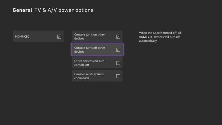 Pantalla de configuración Xbox Series X para configurar HDMI CEC