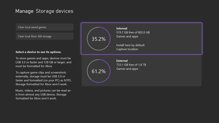 Pantalla de configuración Xbox Series X para configurar el almacenamiento