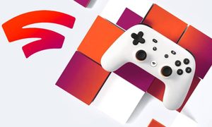 La imagen muestra una gráfica publicitaria de Google Stadia.