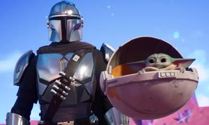 La imagen muestra a The Mandalorian y Baby Yoda en la última temporada de Fortnite.