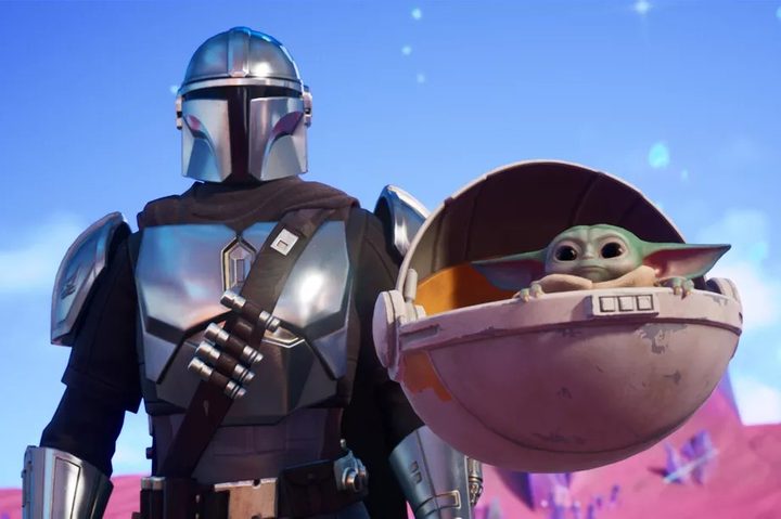 La imagen muestra a The Mandalorian y Baby Yoda en la última temporada de Fortnite.