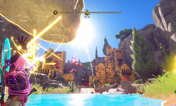 Paisaje de uno de los mundos de Immortals Fenyx Rising con un lago y montañas.