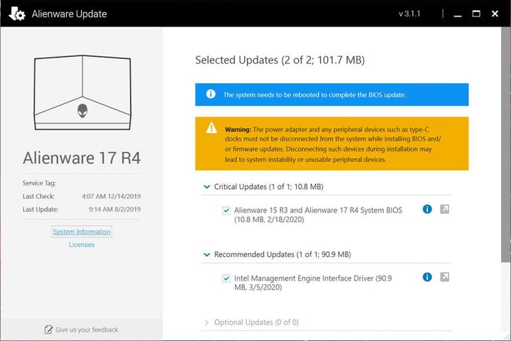 Pantalla de actualización de drivers