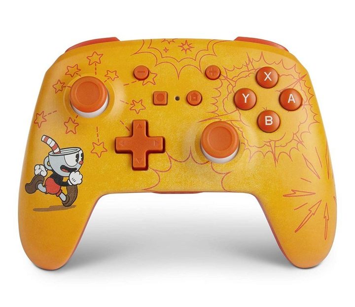 Un control para Nintendo Switch de Power A con diseño de Cuphead