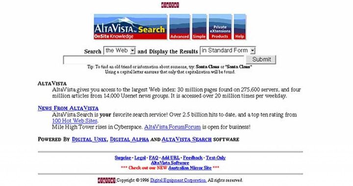 La imagen muestra la apariencia del antiguo buscador AltaVista.