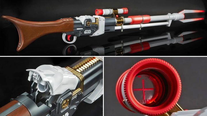 La imagen muestra la réplica del rifle de The Mandalorian lanzado por Nerf.