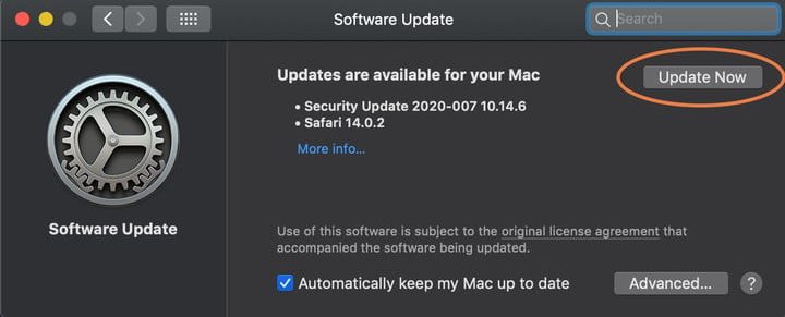 Pantalla de actualización de software para aprender a cómo actualizar la Mac