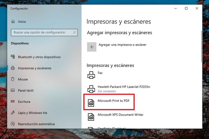 Menú de impresión para imprimir en PDF en windows