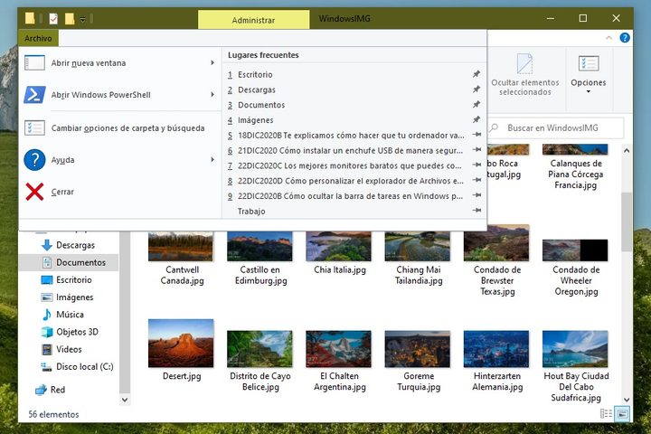 Opciones de Archivo del Explorador de archivos de Windows 10
