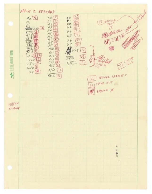 Una de las 23 páginas de los bocetos de Steve Wozniak de la Apple II