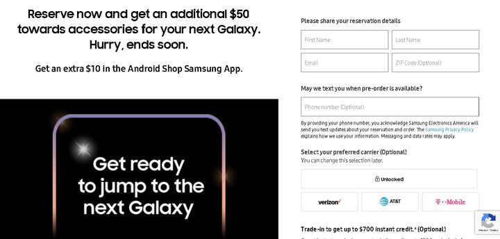 La página de reserva del Galaxy S21