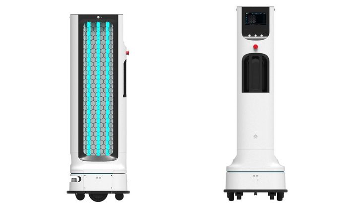 La imagen muestra el nuevo robot anunciado por LG que desinfecta espacios públicos y privados.