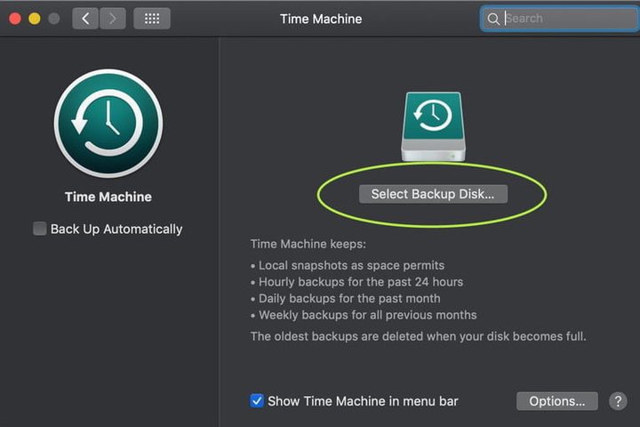 Pantalla de Time Machine para respaldar información y aprender cómo actualizar la Mac