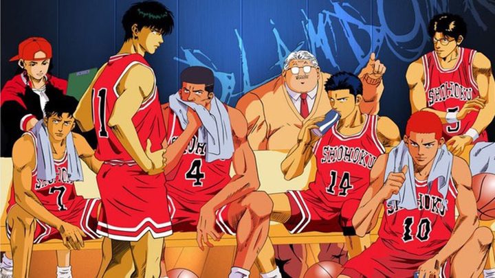 La imagen muestra a los personajes de la serie animada Slam Dunk.