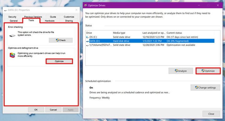 Pantalla de utilidad Desfragmentar de Windows