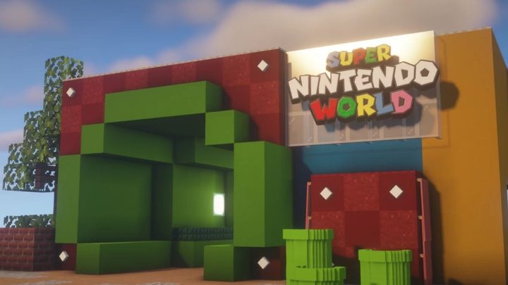 La imagen muestra una recreación en Minecraft del Super Nintendo World.