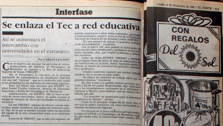 Una foto de la crónica del periódico El Norte sobre la primera conexión a Internet en México