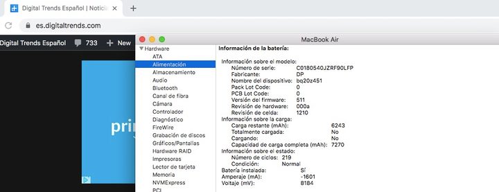 Apartado que muestra el estado de la batería de una MacBook