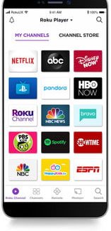 Celular con Roku app mostrando canales
