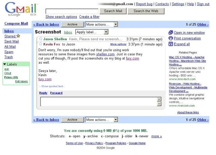 Una imagen sobre la interfaz de Gmail de 2004
