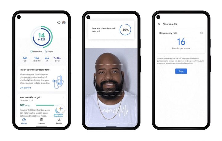 La imagen muestra la nueva función de Google Fit para medir la frecuencia cardíaca y respiratoria.