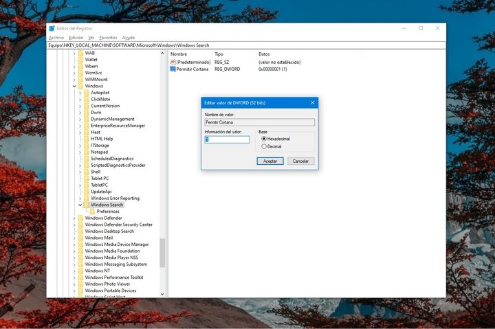 Pantalla de Regedit en Windows 10 Home para aprender a cómo desactivar Cortana