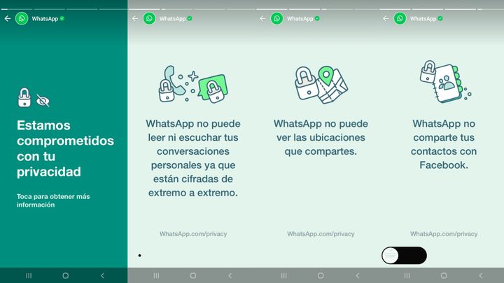 Un pantallazo de los estados con los que WhatsApp informa sobre la política de privacidad que debe ser aceptada en mayo de 2021