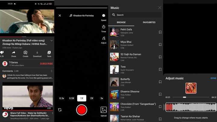 Capturas de pantalla de la opción Create de YouTube para emular a TikTok