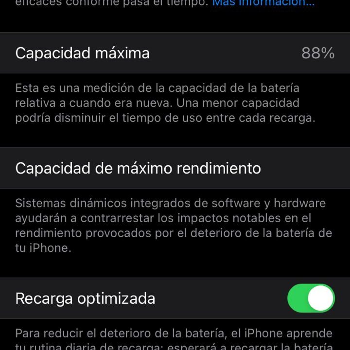 Datos acerca de la condición de la batería de un celular para verificar si es necesario cambiar la batería de un iPhone