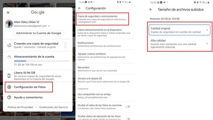 Una imagen de cómo cambiar la configuración de almacenamiento de Google Fotos