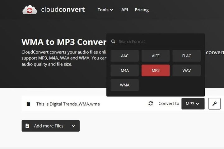 Seleccionar formato de salida en CloudConvert