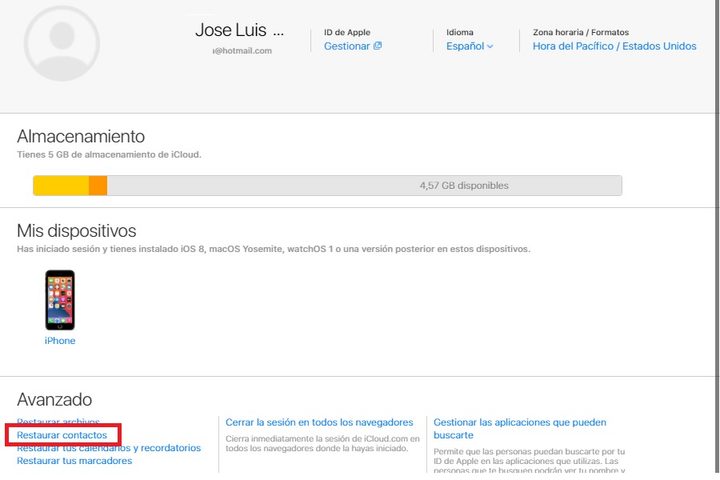 Cómo restaurar contactos desde iCloud.com