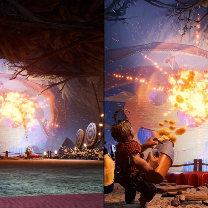 Dos escenas de It Takes Two donde los personajes están cumpliendo sus respectivas tareas para completar un nivel.