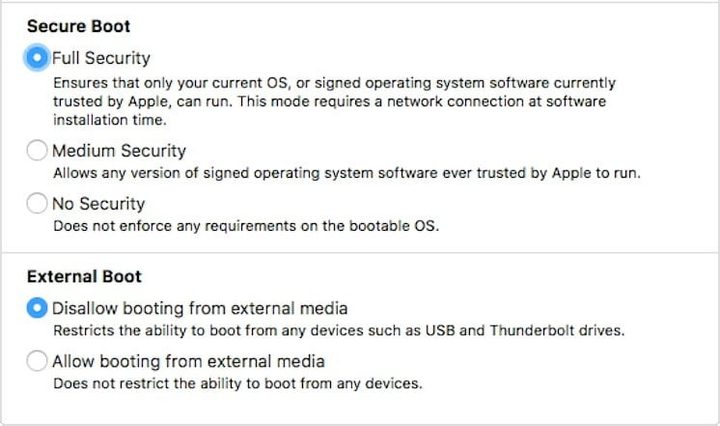 Pantalla de configuración para habilitar un medio externo de arranque seguro