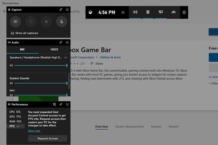 Captura de pantalla de aplicación de Xbox Game Bar para comprobar velocidad de fotogramas