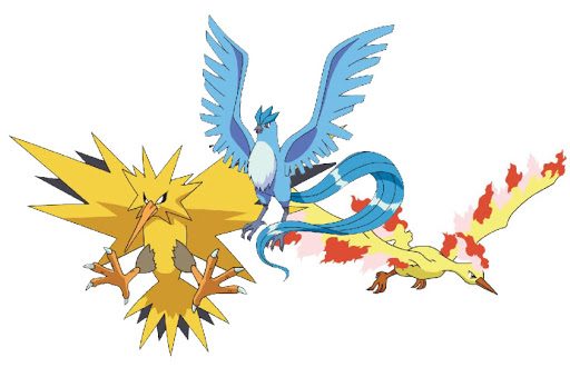 Una imagen de las aves legendarias Zapdos, Moltres y Articuno