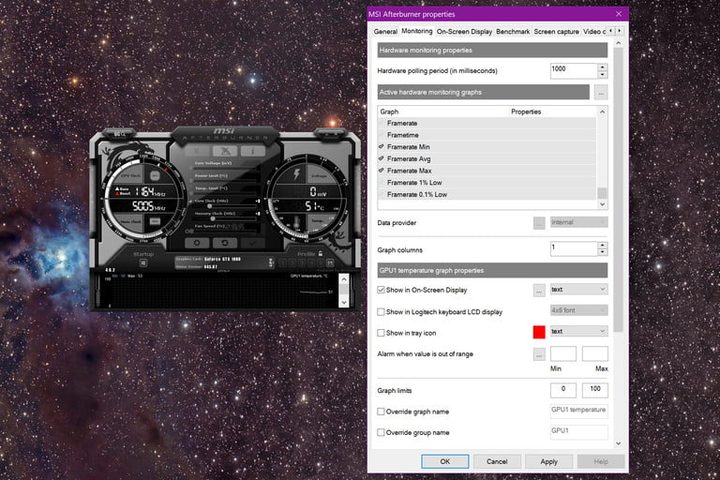 Captura de pantalla de aplicación de MSI Afterburner para comprobar velocidad de fotogramas