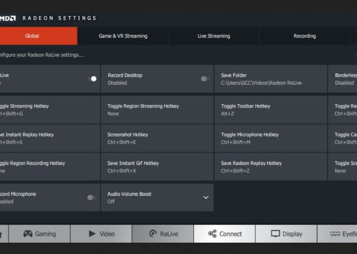 Captura de pantalla de aplicación de AMD Relive en menú de Configuración para comprobar velocidad de fotogramas