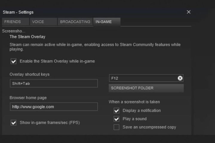 Captura de pantalla de aplicación de Steam para comprobar velocidad de fotogramas