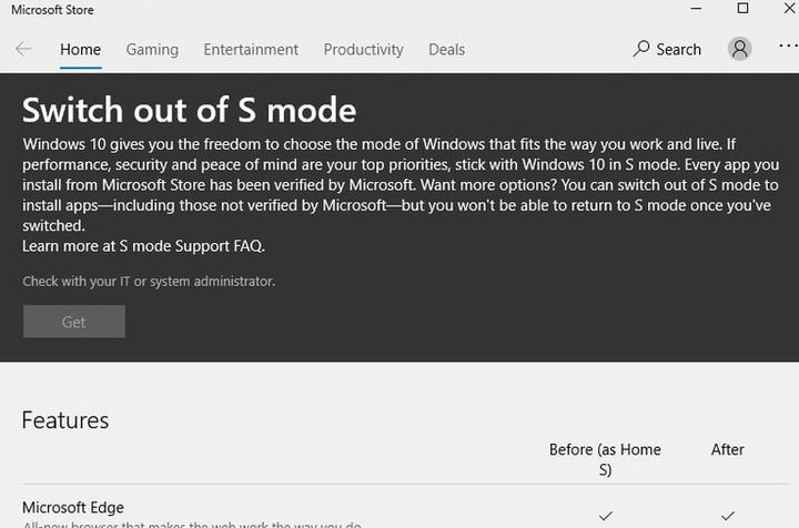 Pantalla de configuración para salir del modo S en Windows 10 1