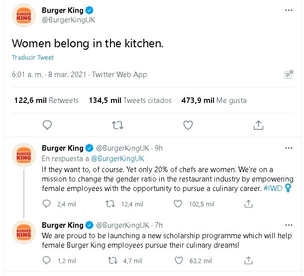 Hilo de Burger King sobre las mujeres y la cocina