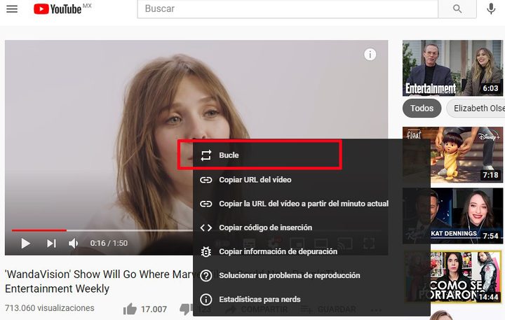 Reproducción en bucle en YouTube