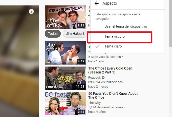 Modo oscuro en YouTube