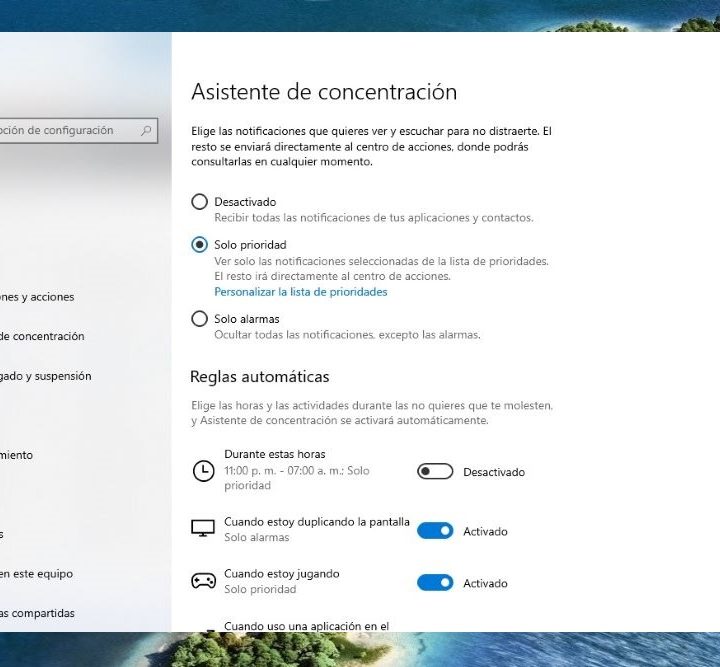 Asistente de Concentración en Windows 10