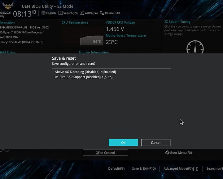 Pantalla de confirmación de BIOS despues de activar AMD Smart Access Memory
