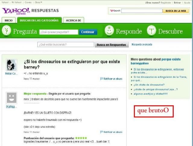 Un usuario pregunta sobre el dinosaurio Barney en Yahoo Respuestas