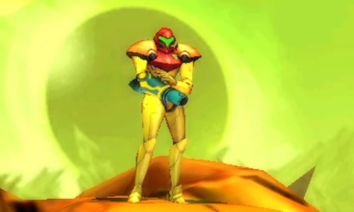 Personaje de Metroid: Samus Returns con un traje amarillo.