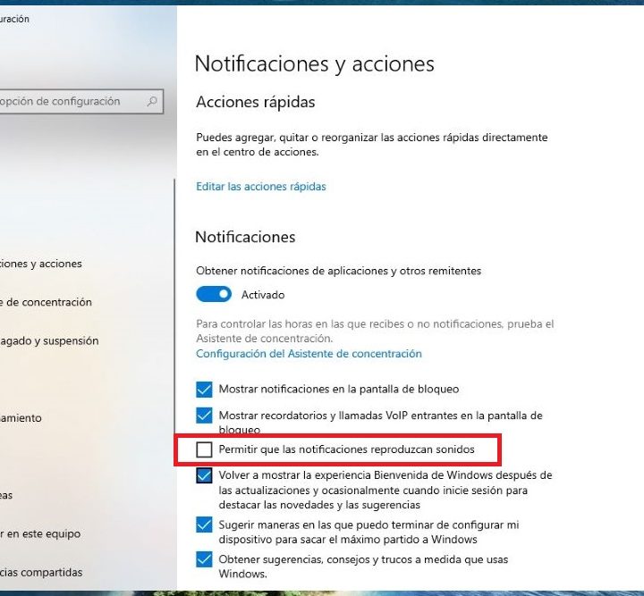 Pantalla de configuración para desactivar las notificaciones de Windows